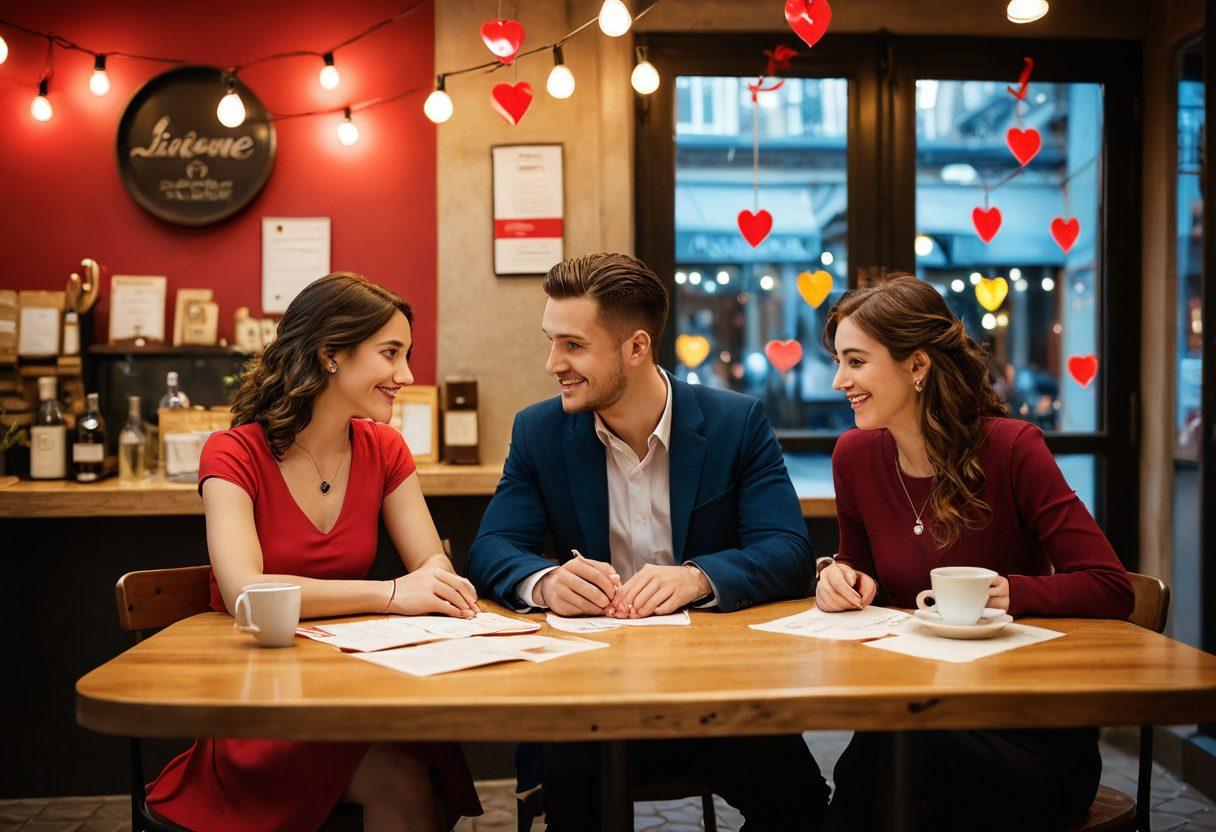 A romantic scene featuring a couple happily discussing insurance options at a cozy café, surrounded by heart-shaped decorations symbolizing love and protection. Include visual elements like insurance documents and a heart-shaped lock representing security. Soft, warm lighting to evoke intimacy and trust. Illustrate the concept of affordability with price tags on the documents. vibrant colors. super-realistic.