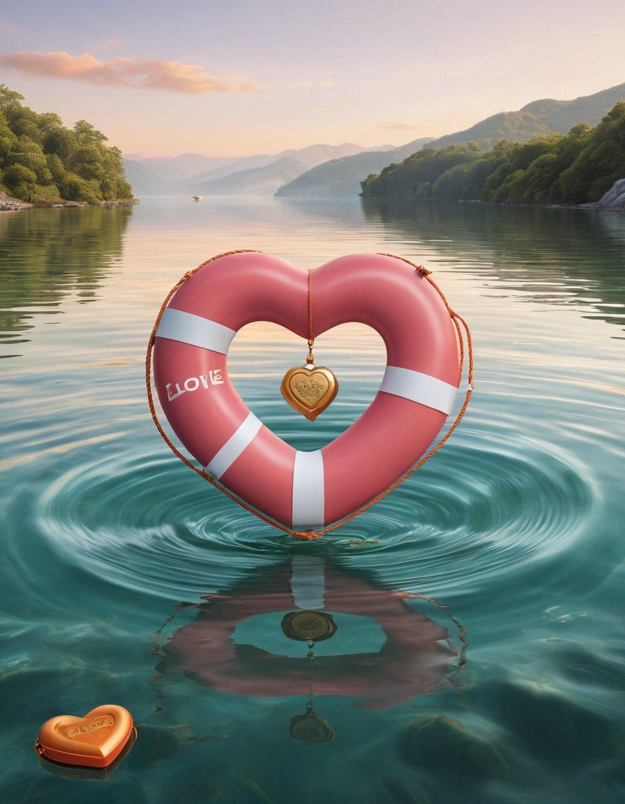 A heart-shaped lifebuoy floating on water, symbolizing love and safety, surrounded by various financial symbols like coins, dollar signs, and a shield. In the background, a serene landscape with soft waves, invoking calmness amidst the theme of risk. The colors should be warm and inviting, blending pinks and golds. super-realistic. vibrant colors.