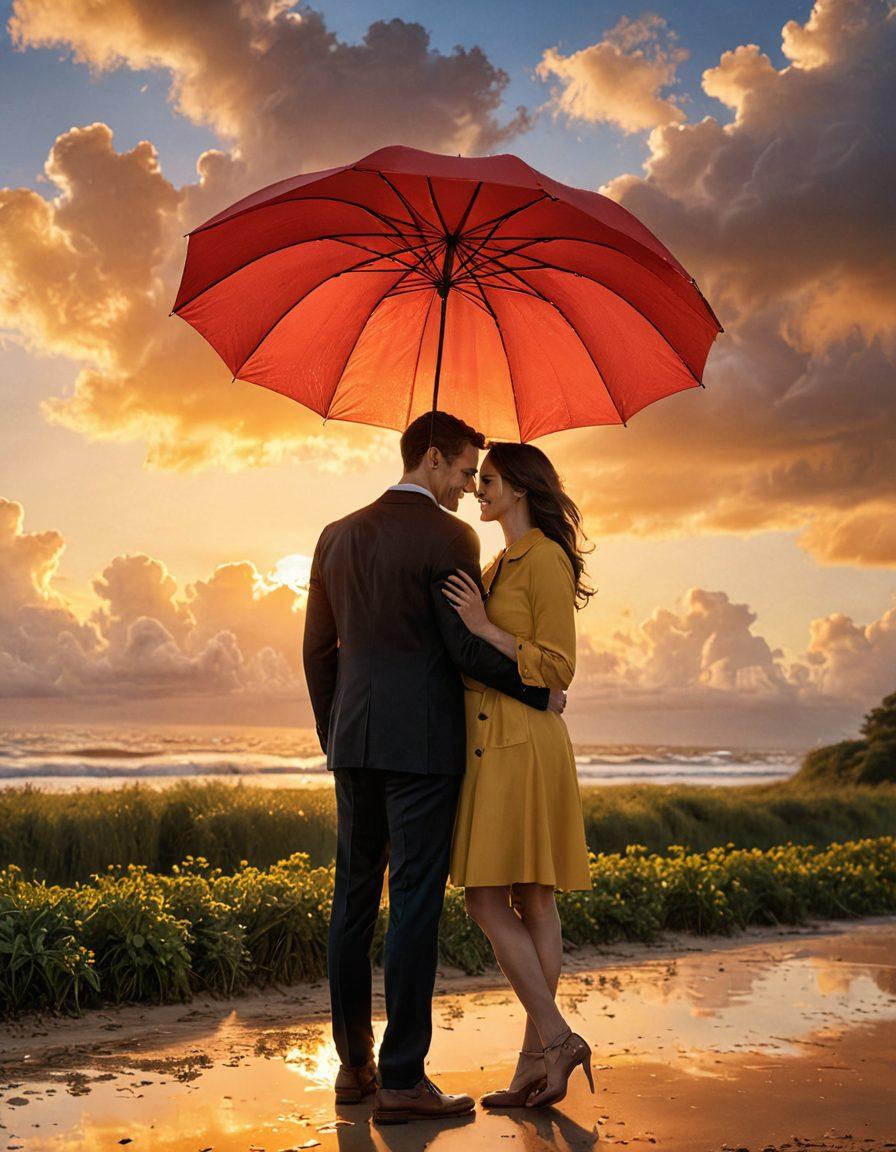 A beautifully designed scene of a loving couple standing under a protective umbrella shaped like a heart, surrounded by soft clouds representing safety and security. The setting sun casts a warm glow, symbolizing warmth and trust. Include elements like floating insurance documents and images of joyful couples in the background, representing tailored solutions. super-realistic. vibrant colors. warm tones.